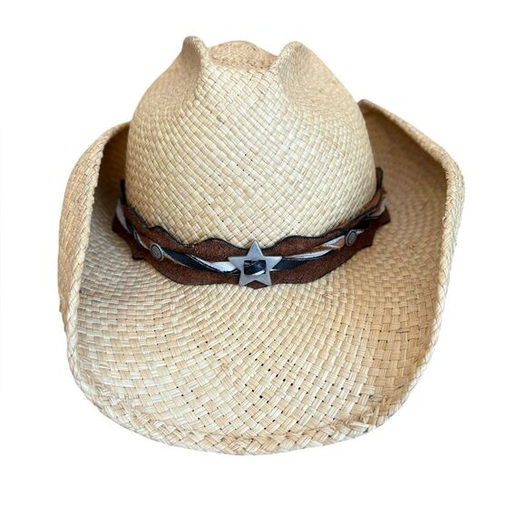 Bullhide Straw Cowboy Western Hat Leather Straps and Star Decor Womens Large - Picture 3 of 12